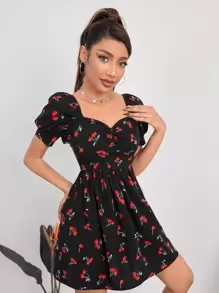 SHEIN PETITE Vestido línea A con estampado de cereza pecho con fruncido - Negro - Ver 4