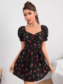 SHEIN PETITE Vestido línea A con estampado de cereza pecho con fruncido - Negro - Ver 5