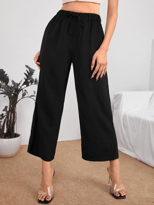 SHEIN PETITE High Waist Knot Front Black Pants