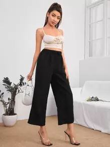 SHEIN PETITE High Waist Knot Front Trousers - Black - View 5