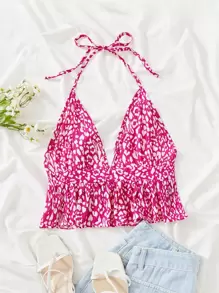 SHEIN Unity Allover Print Peplum Halter Top Graphic Tees Women Tops - Multicolor - View 1