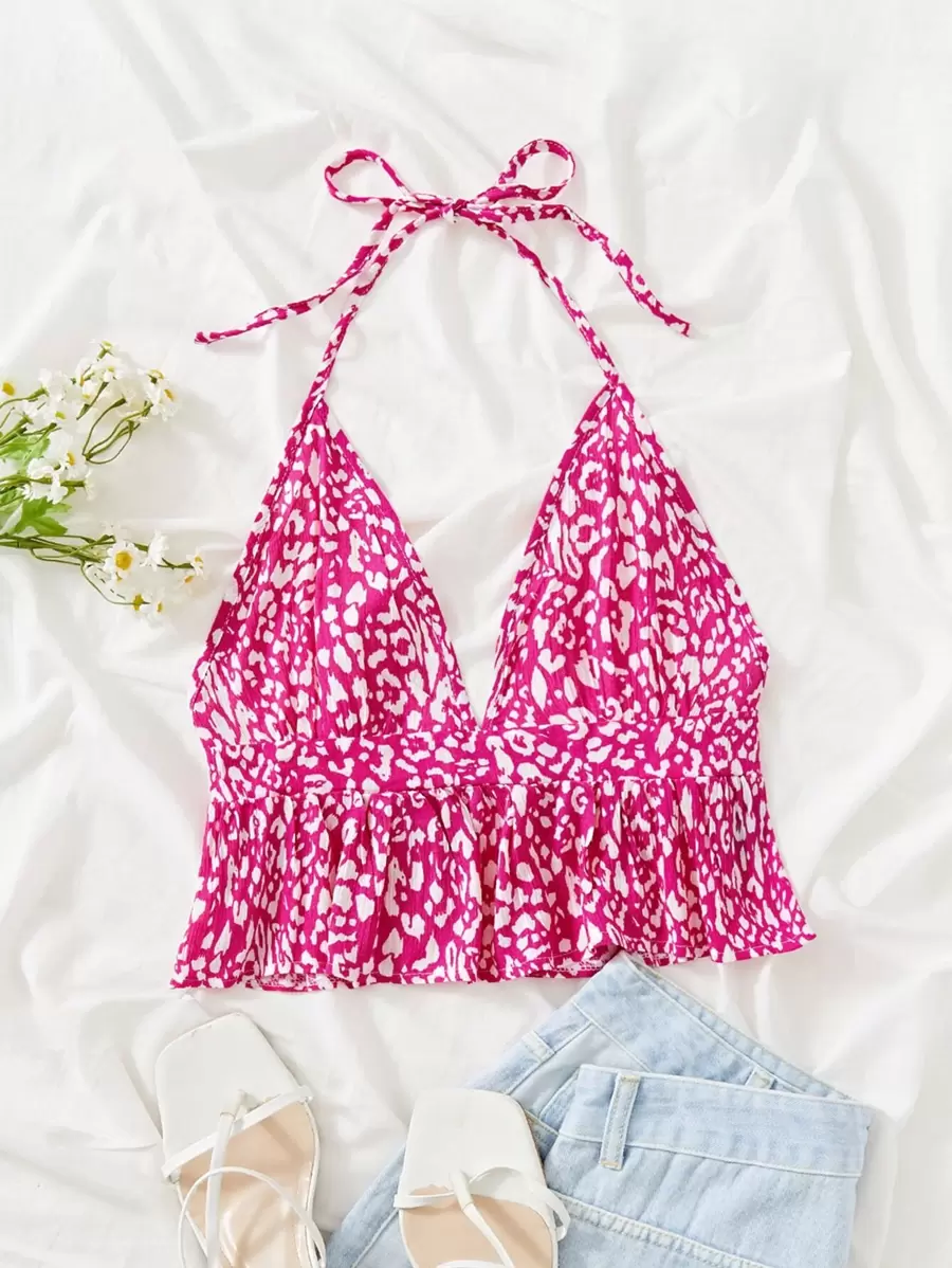 SHEIN Unity Allover Print Peplum Halter Top Graphic Tees Women Tops - Multicolor - View 1