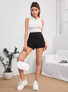 SHEIN PETITE Solid Zip Side Straight Leg Shorts