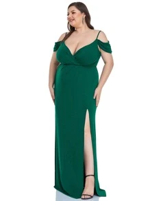 EVERPRETTY Vestido de fiesta de hombros descubiertos de muslo con abertura de gasa - Verde Oscuro - Ver 4