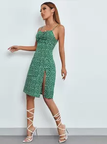 SHEIN PETITE Ditsy Floral Split Thigh Cami Dress - Green - View 3