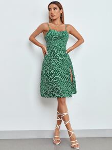 SHEIN PETITE Ditsy Floral Split Thigh Cami Dress - Green - View 4