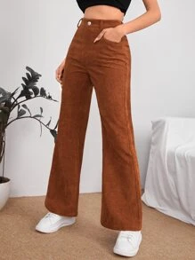 SHEIN PETITE Slant Pocket Cord Flare Leg Trousers - Rust Brown - View 1