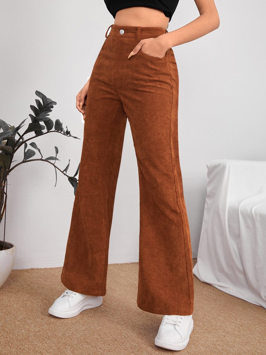 SHEIN PETITE Slant Pocket Cord Flare Leg Trousers - Rust Brown - View 1