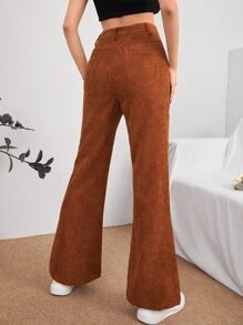 SHEIN PETITE Slant Pocket Cord Flare Leg Trousers - Rust Brown - View 2