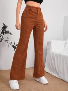 SHEIN PETITE Slant Pocket Cord Flare Leg Trousers - Rust Brown - View 3