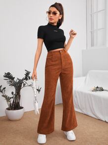 SHEIN PETITE Slant Pocket Cord Flare Leg Trousers - Rust Brown - View 4