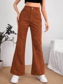 SHEIN PETITE Slant Pocket Cord Flare Leg Trousers - Rust Brown - View 5