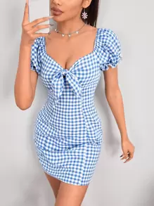 SHEIN PETITE Đầm Thắt nút Dây kéo Kẻ sọc Giải trí - Xanh và trắng - Xem 1