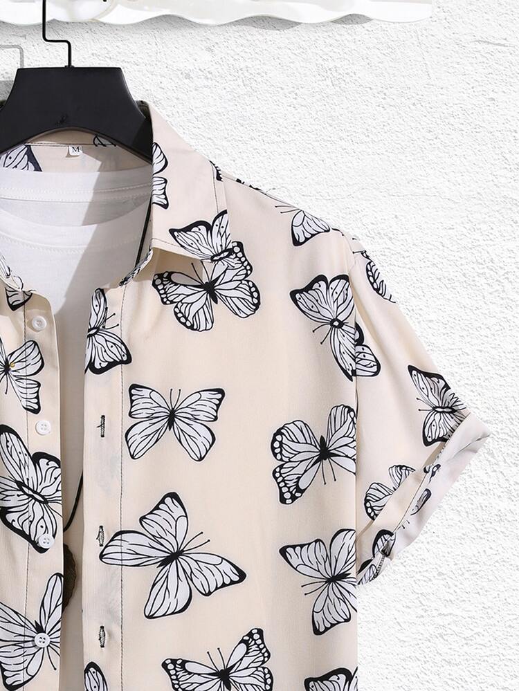Manfinity Hombres Camisa al azar con estampado de mariposa sin camiseta - Albaricoque - Añade 3