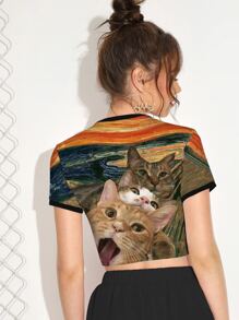 SHEIN Unity Cat Print Crop Tee - Multicolor - View 2