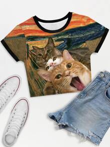 SHEIN Unity Cat Print Crop Tee - Multicolor - View 3