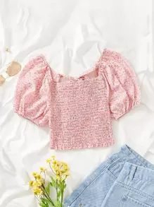 Áo sơ mi nữ viền lá sen Buộc lại Dải chun Họa tiết hoa Boho - Nhiều màu - Xem 1