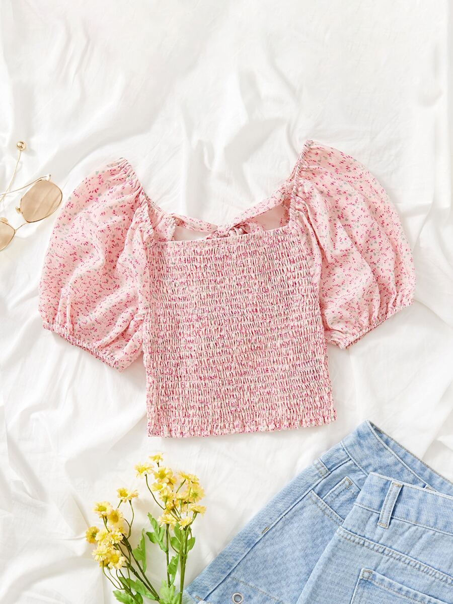 Áo sơ mi nữ viền lá sen Buộc lại Dải chun Họa tiết hoa Boho - Nhiều màu - Xem 1