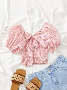 Áo sơ mi nữ viền lá sen Buộc lại Dải chun Họa tiết hoa Boho - Nhiều màu - Xem 2