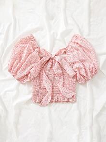 Áo sơ mi nữ viền lá sen Buộc lại Dải chun Họa tiết hoa Boho - Nhiều màu - Xem 3