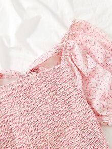 Áo sơ mi nữ viền lá sen Buộc lại Dải chun Họa tiết hoa Boho - Nhiều màu - Xem 6