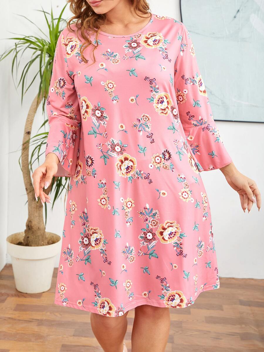 大碼印花荷葉袖洋裝 - 粉色 - 查看 1