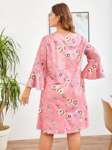 大碼印花荷葉袖洋裝 - 粉色 - 查看 2