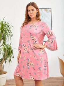 大碼印花荷葉袖洋裝 - 粉色 - 查看 5