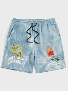 Manfinity VCAY Quần short thể thao nam vải cotton tie-dye họa tiết khẩu hiệu có dây rút - Màu xanh nhạt - Xem 5