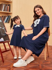 Mulvari Plus 1pc Sailor Collar Knot Front Dress,Graduation Dress - Navy Blue - View 2