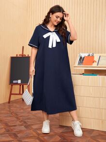 Mulvari Plus 1pc Sailor Collar Knot Front Dress,Graduation Dress - Navy Blue - View 4