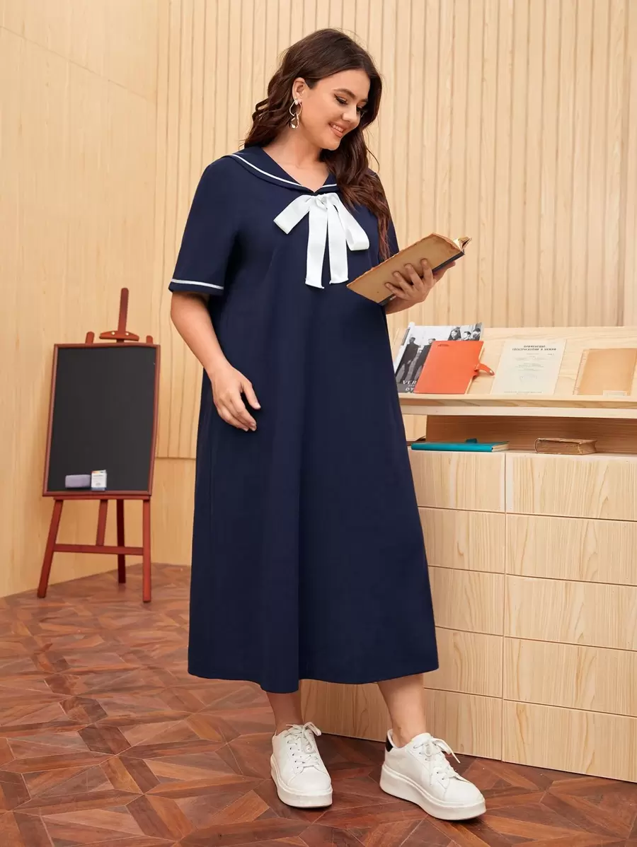 Mulvari Plus 1pc Sailor Collar Knot Front Dress,Graduation Dress - Navy Blue - View 1