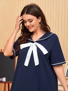 Mulvari Plus 1pc Sailor Collar Knot Front Dress,Graduation Dress - Navy Blue - View 5