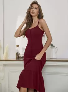 前排扣荷葉邊睡裙 - 酒紅色 - 查看 1