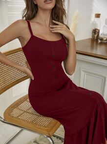 前排扣荷葉邊睡裙 - 酒紅色 - 查看 4
