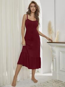 前排扣荷葉邊睡裙 - 酒紅色 - 查看 6