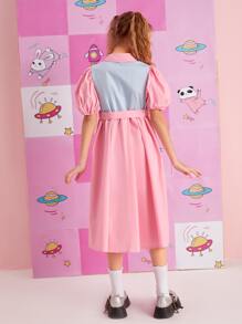 SHEIN Girls Button Front Puff Sleeve Colourblock Belted Dress - Baby Pink - View 3