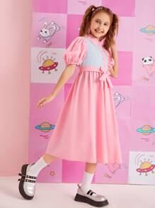 SHEIN Girls Button Front Puff Sleeve Colourblock Belted Dress - Baby Pink - View 1