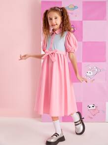 SHEIN Girls Button Front Puff Sleeve Colourblock Belted Dress - Baby Pink - View 4