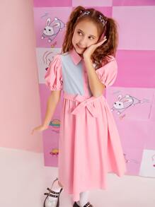 SHEIN Girls Button Front Puff Sleeve Colourblock Belted Dress - Baby Pink - View 5