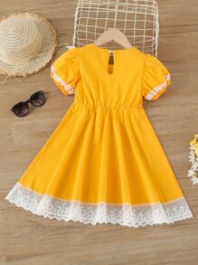 Đầm bé gái Tương phản ren Xù Khối Màu Dễ thương - Màu vàng - Xem 2