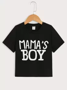 SHEIN 小男童字母圖案T恤 - 黑色 - 查看 1