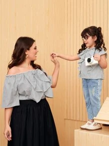 SHEIN Toddler Girls Bow Front Ruffle Trim Striped Top - Multicolor - View 4