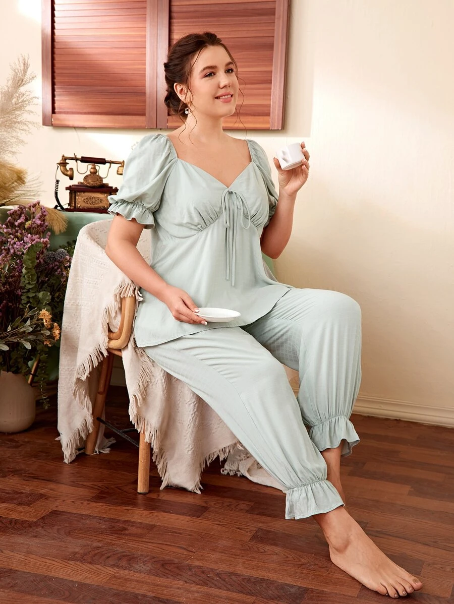 SHEIN 大碼荷葉袖束胸上衣和荷葉邊長褲睡衣套裝 - 薄荷綠 - 查看 1