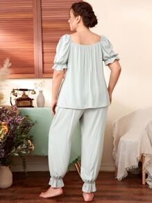 SHEIN 大碼荷葉袖束胸上衣和荷葉邊長褲睡衣套裝 - 薄荷綠 - 查看 2