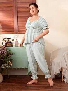SHEIN 大碼荷葉袖束胸上衣和荷葉邊長褲睡衣套裝 - 薄荷綠 - 查看 3