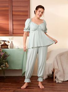 SHEIN 大碼荷葉袖束胸上衣和荷葉邊長褲睡衣套裝 - 薄荷綠 - 查看 4