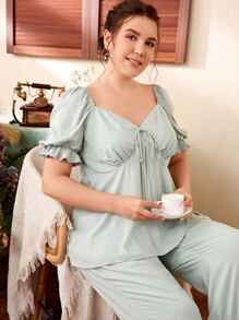 SHEIN 大碼荷葉袖束胸上衣和荷葉邊長褲睡衣套裝 - 薄荷綠 - 查看 5