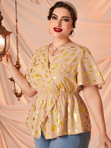 Áo sơ mi Plus Size Viên lá sen Trọn gói Tất cả trên in Thanh lịch - Màu be - Xem 1