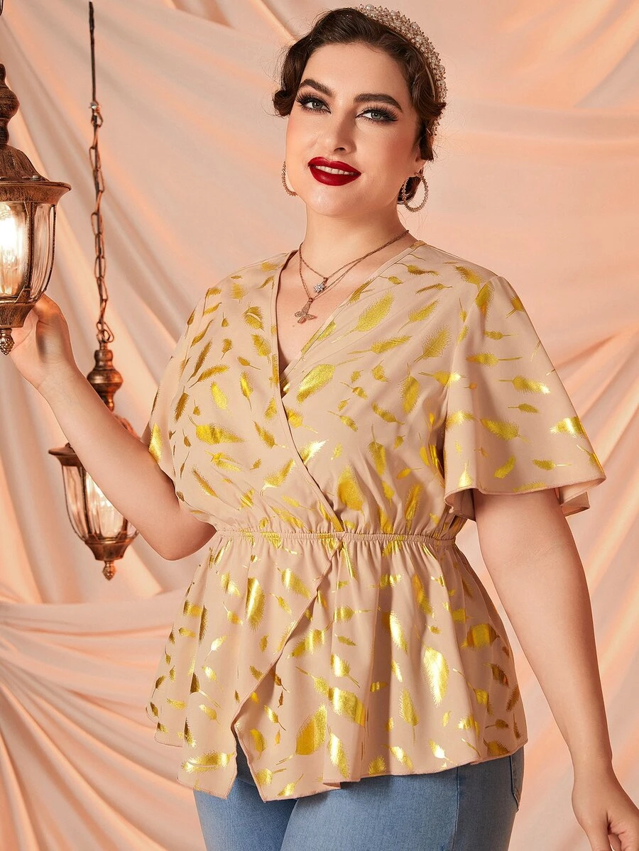 Áo sơ mi Plus Size Viên lá sen Trọn gói Tất cả trên in Thanh lịch - Màu be - Xem 1